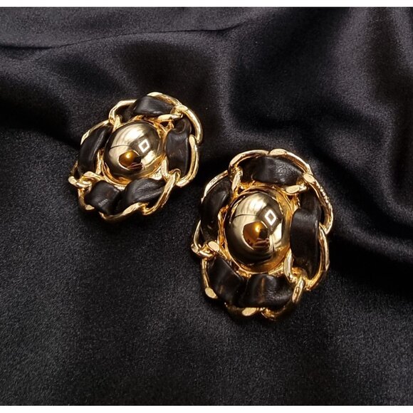 Rare Find Vintage 1990's Ellen Design Gold & Black Leather Clip-On Earrings - Picture 3 of 5